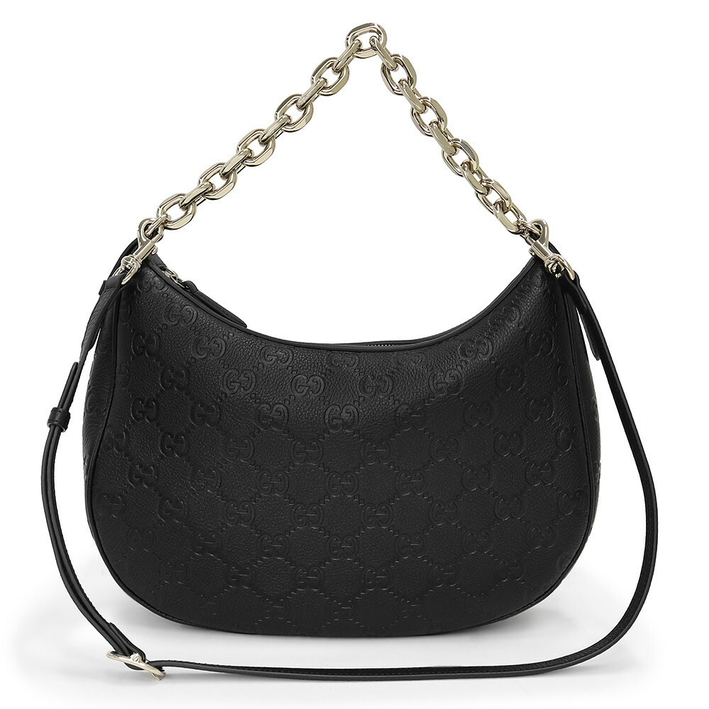 Gucci GG Emblem Chain Tote Shoulder Bag Crossbody Embossed Leather Black